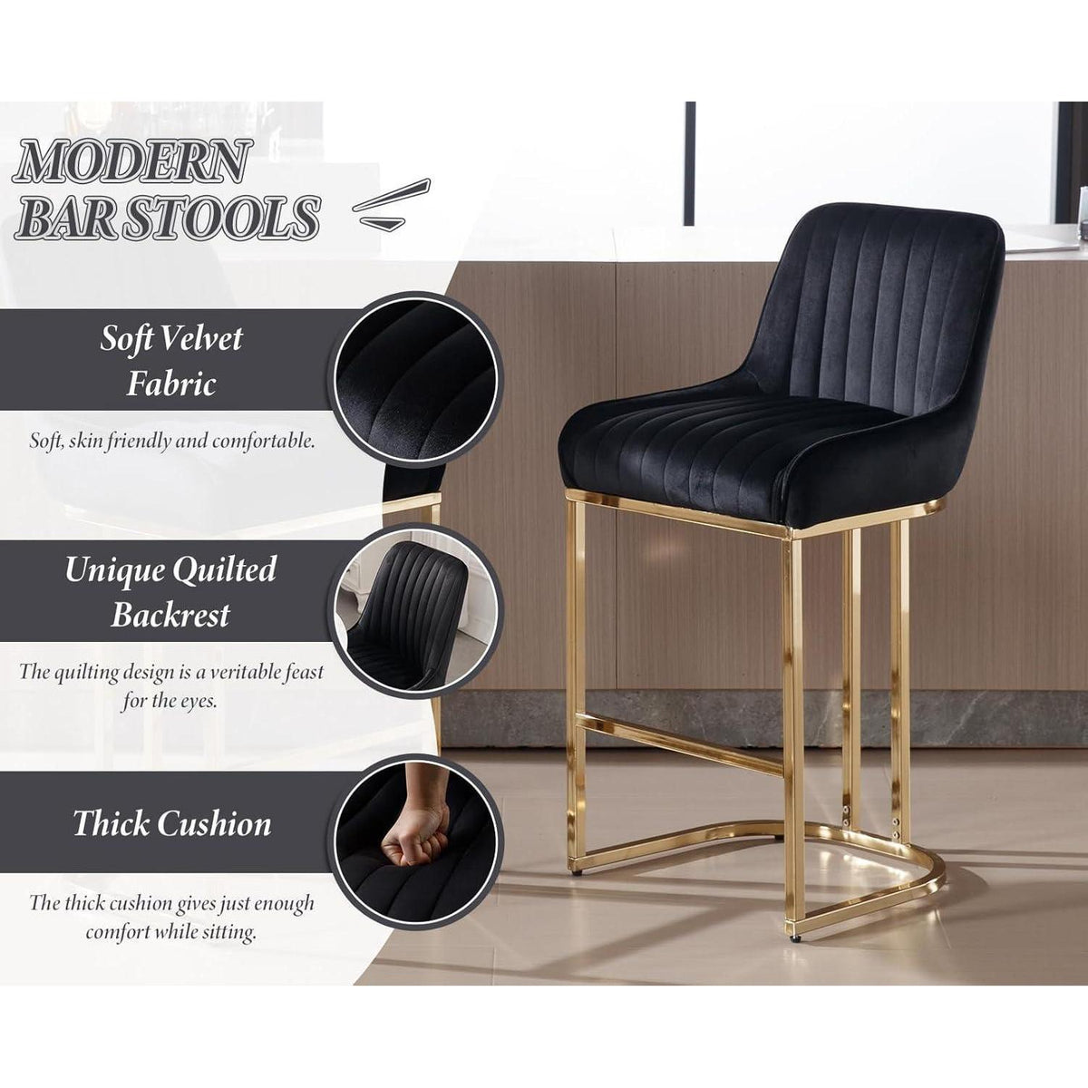 Barhocker Set 2er – Samt, Goldenes Metallbein, Schwarz