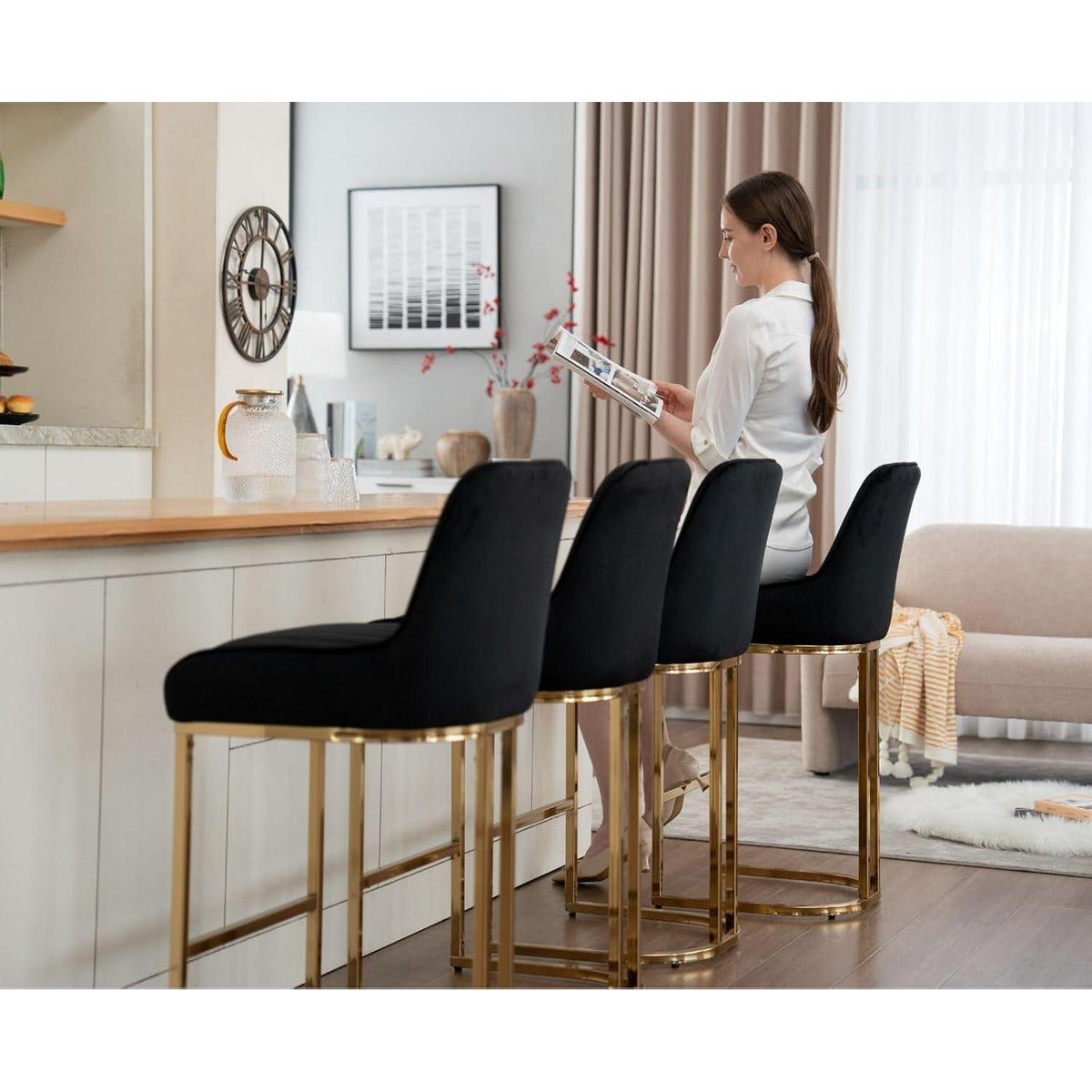 Barhocker Set 2er – Samt, Goldenes Metallbein, Schwarz