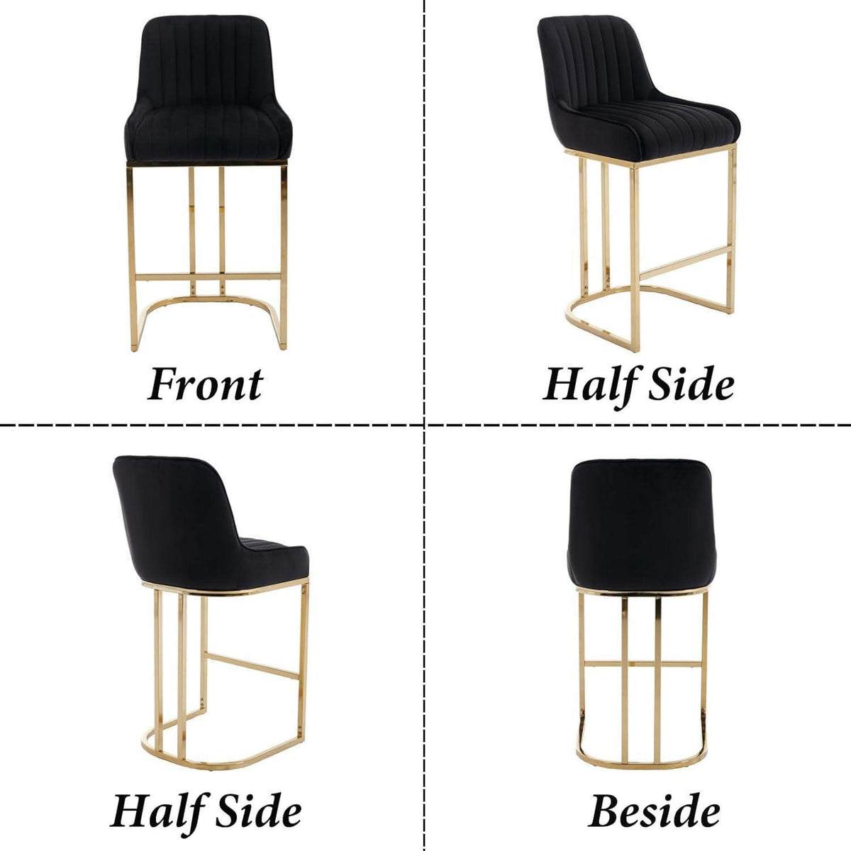 Barhocker Set 2er – Samt, Goldenes Metallbein, Schwarz
