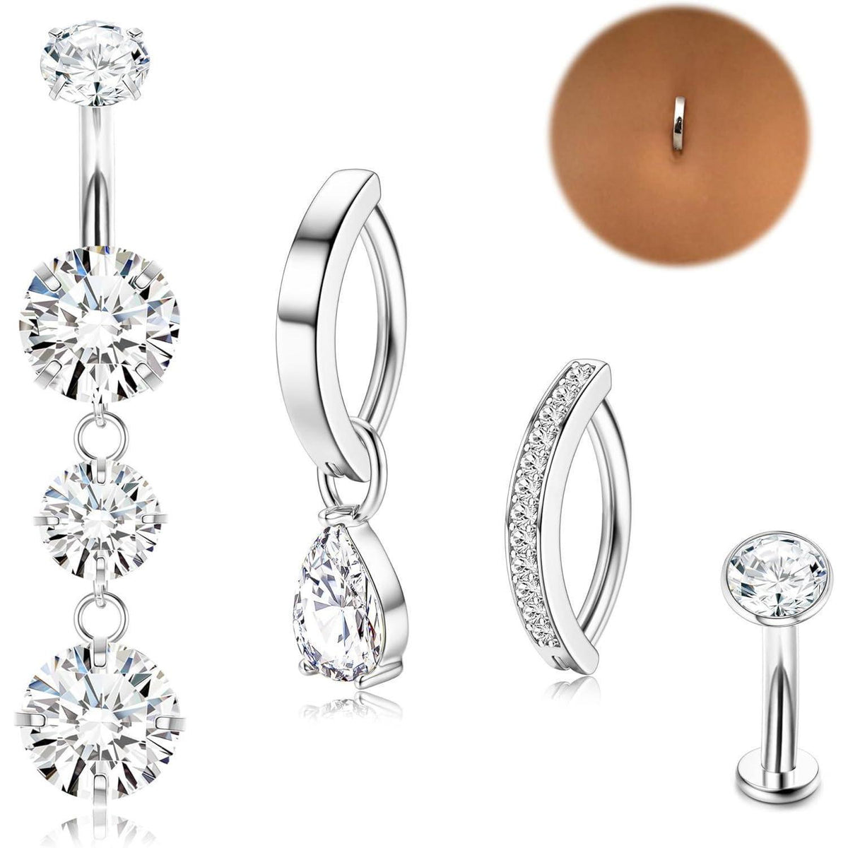 Chirurgenstahl Bauchnabelpiercing Set Silber/Gold mit Zirkonia, 8mm