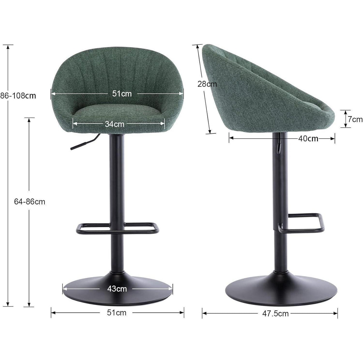 Gepolsterte Barhocker 2er Set, Grün, Höhenverstellbar & Drehbar