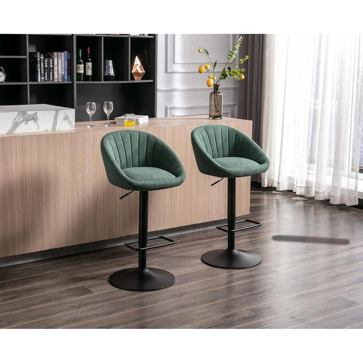 Gepolsterte Barhocker 2er Set, Grün, Höhenverstellbar & Drehbar