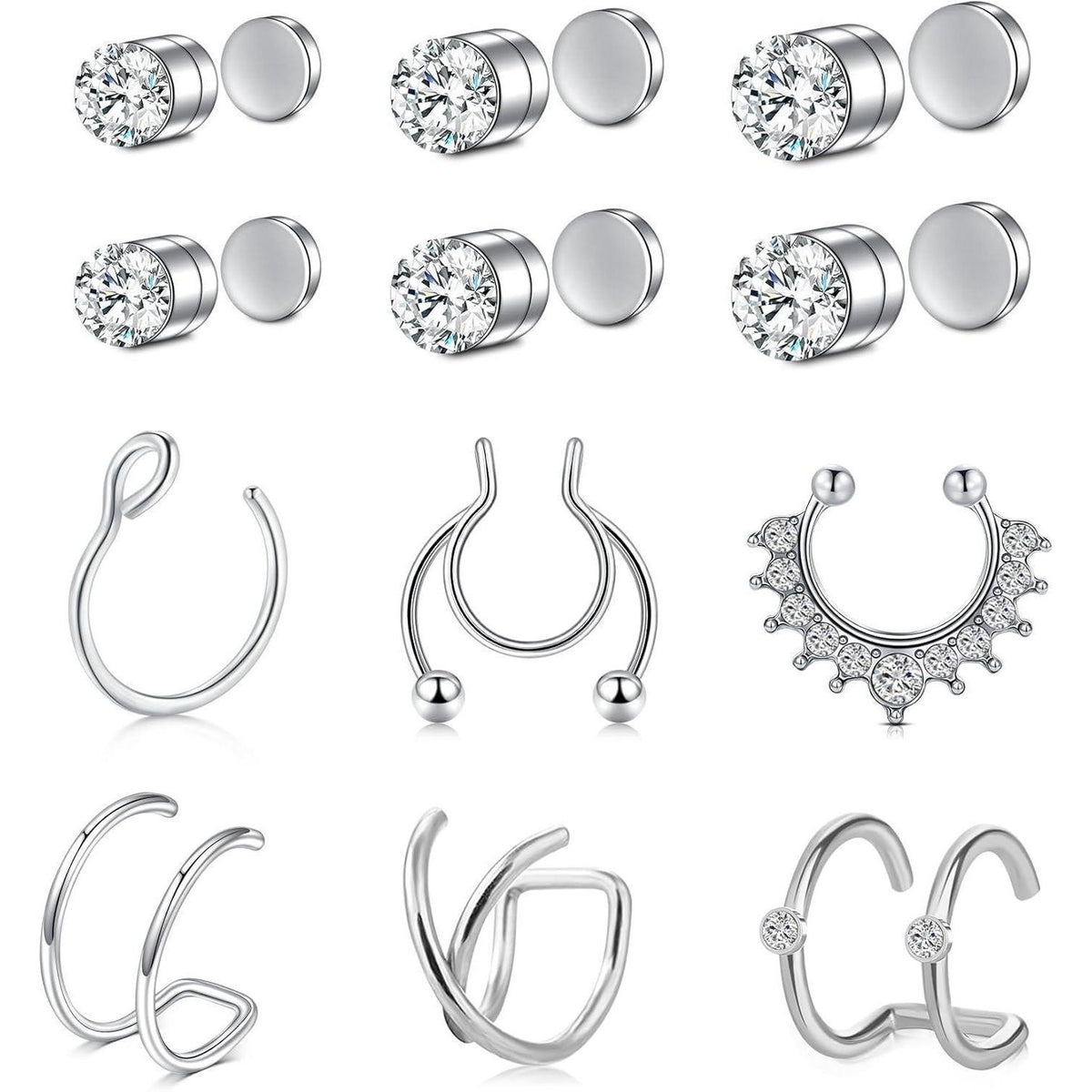 Magnetischer Nasenring Edelstahl Zirkonia Silber 4er Set