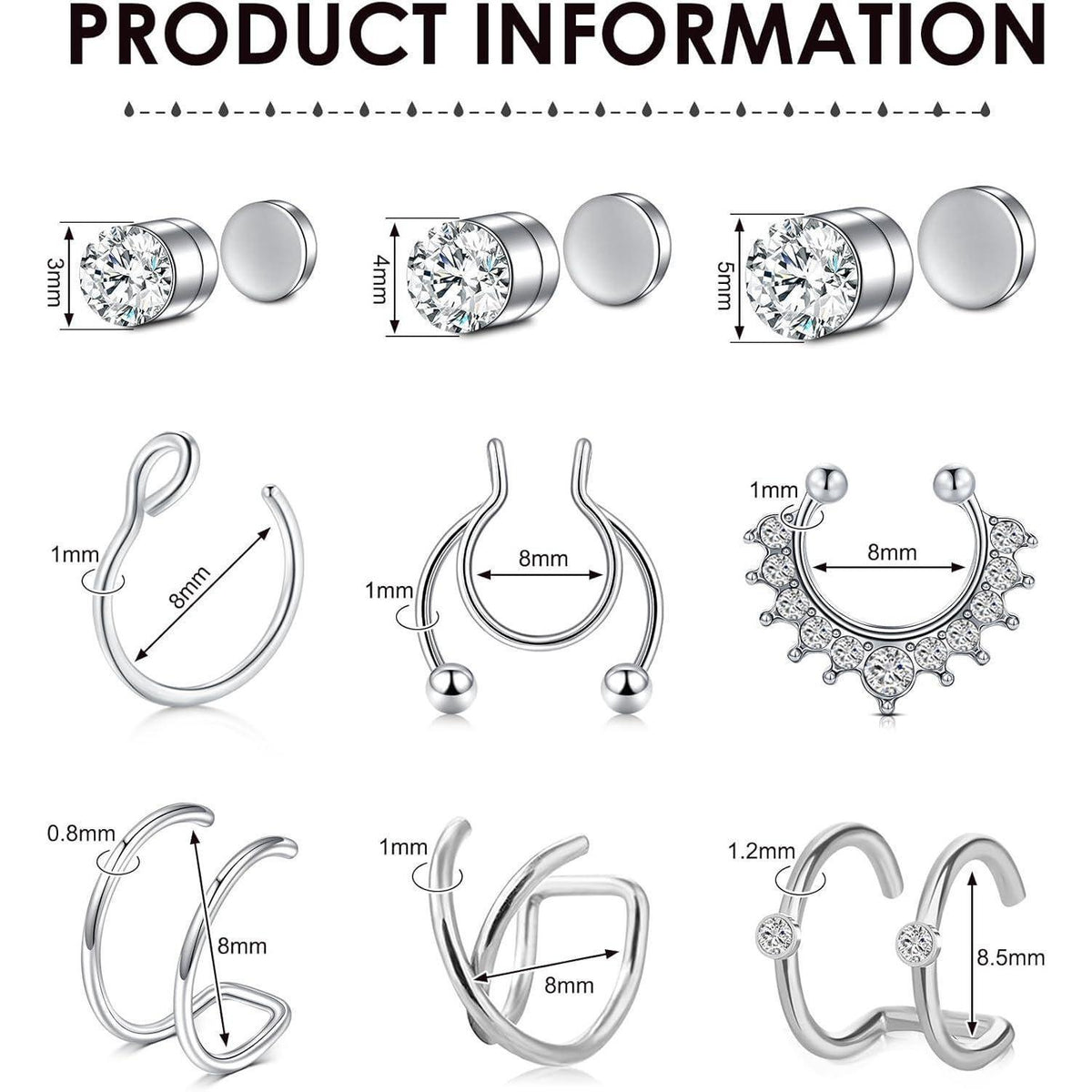 Magnetischer Nasenring Edelstahl Zirkonia Silber 4er Set