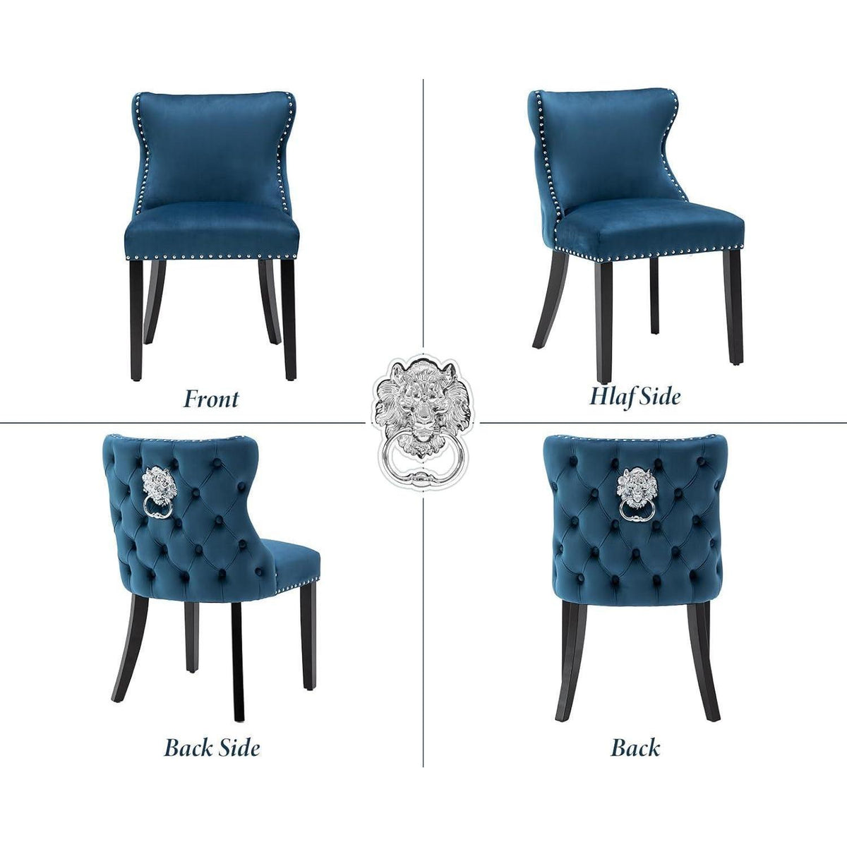 Samt Esszimmerstühle 2er Set mit Löwenkopf, Blau