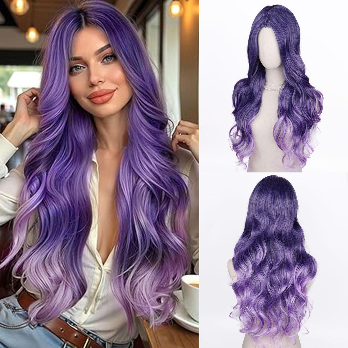 Lange gewellte lila Perücke mit Violett Ombre, natürlich & verstellbar