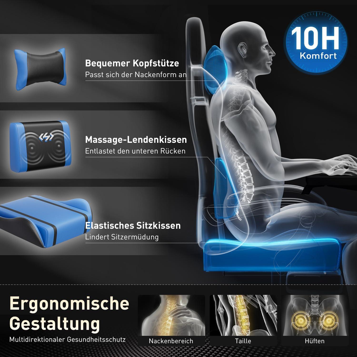 HLONONE Gaming Stuhl Ergonomisch Massage Bürostuhl 150 kg Schwarz-Blau