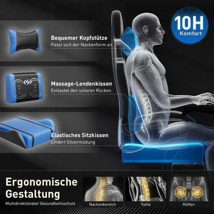 HLONONE Gaming Stuhl Ergonomisch Massage Bürostuhl 150 kg Schwarz-Blau