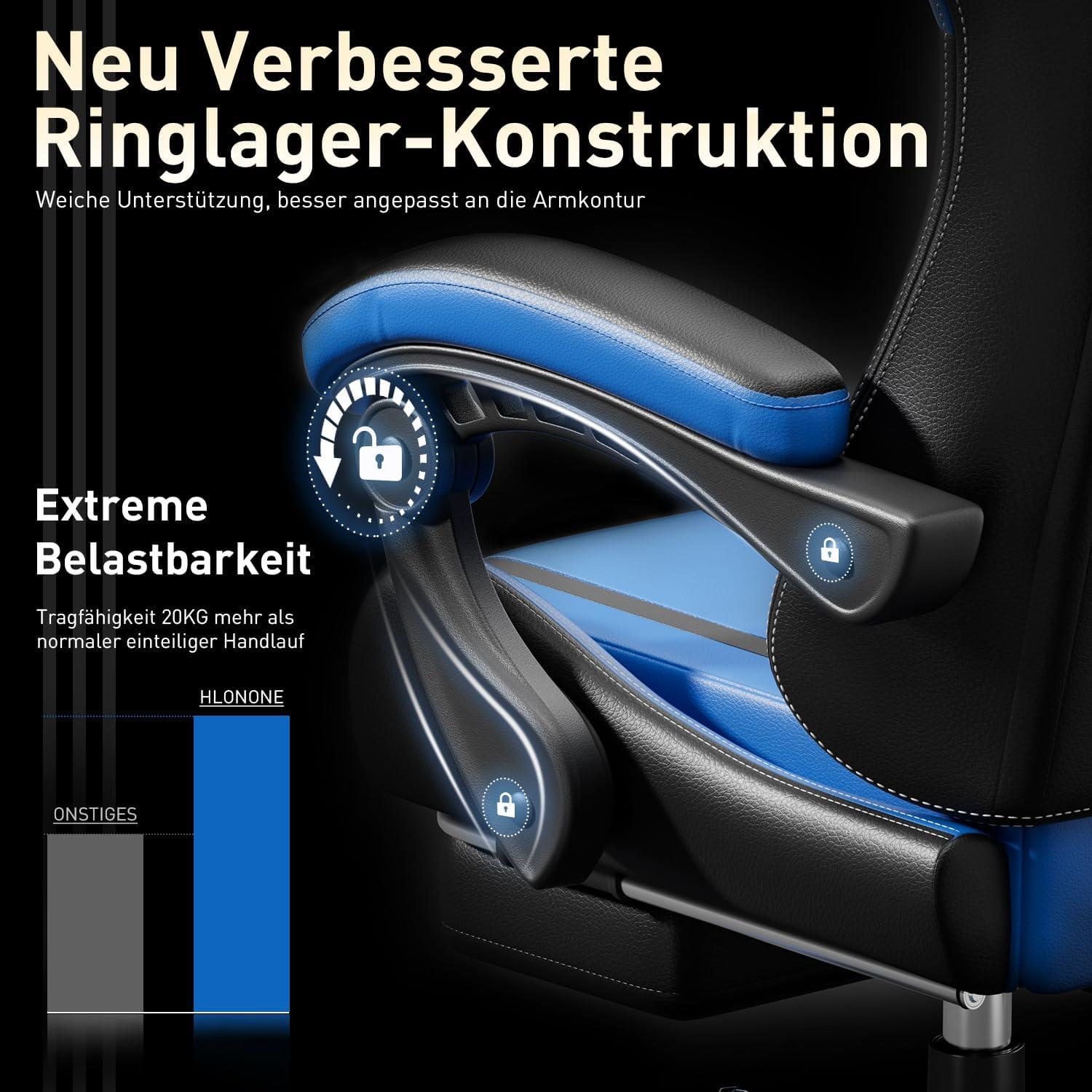 Gaming Stuhl Ergonomisch mit Massagefunktion Schwarz-Blau 150kg
