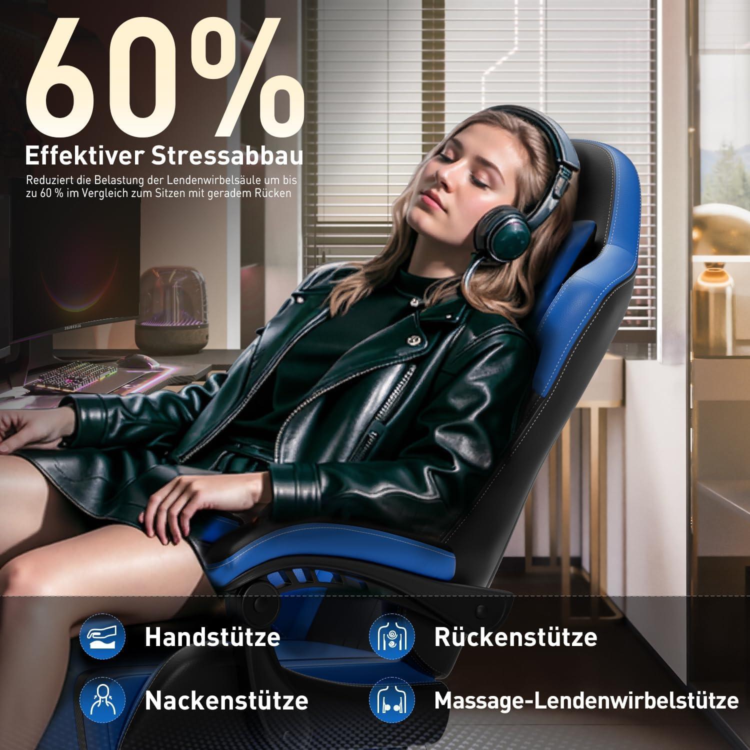 Gaming Stuhl Ergonomisch mit Massagefunktion Schwarz-Blau 150kg