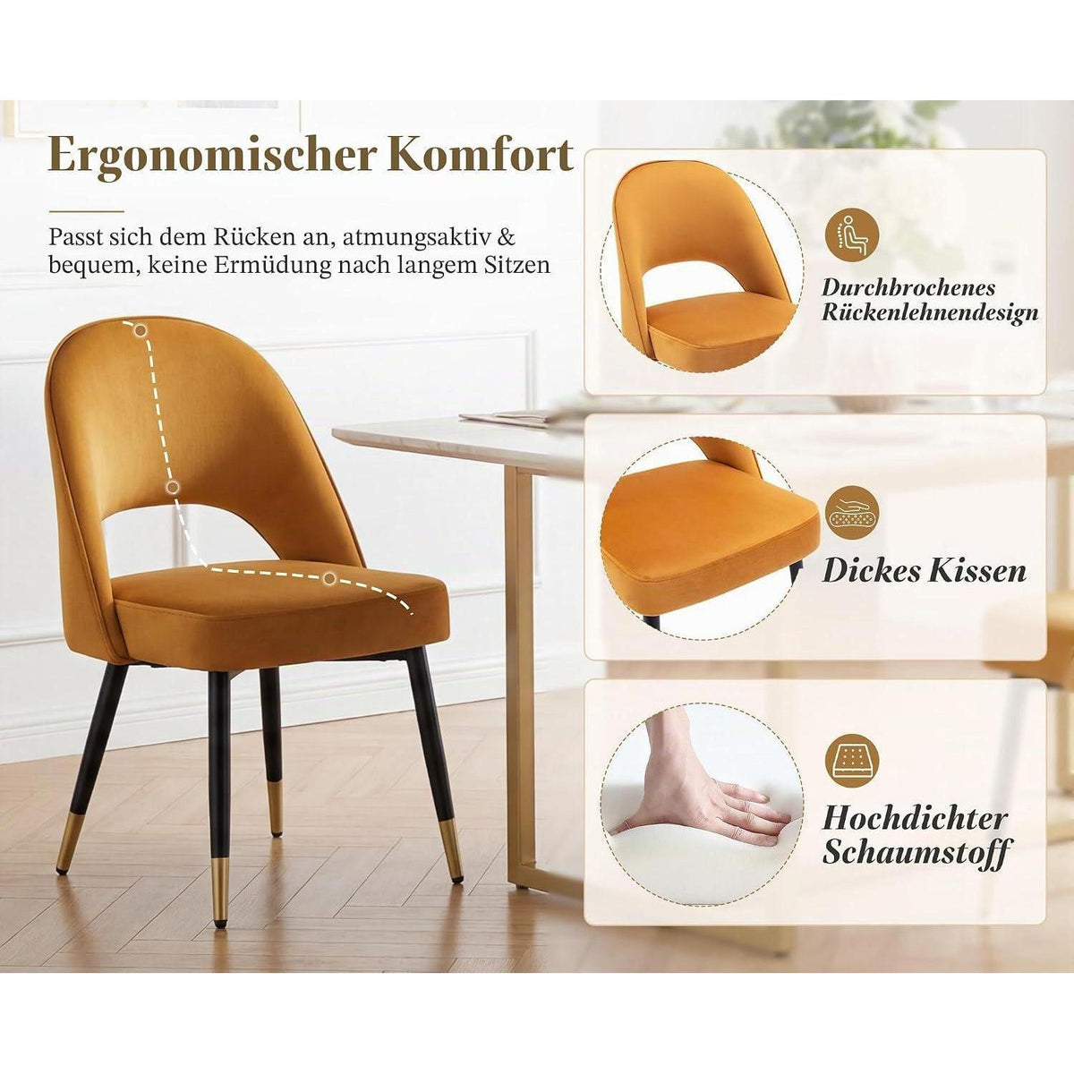 Esszimmerstühle 2er Set, Samt Polsterstuhl mit Metallbeinen Gelb