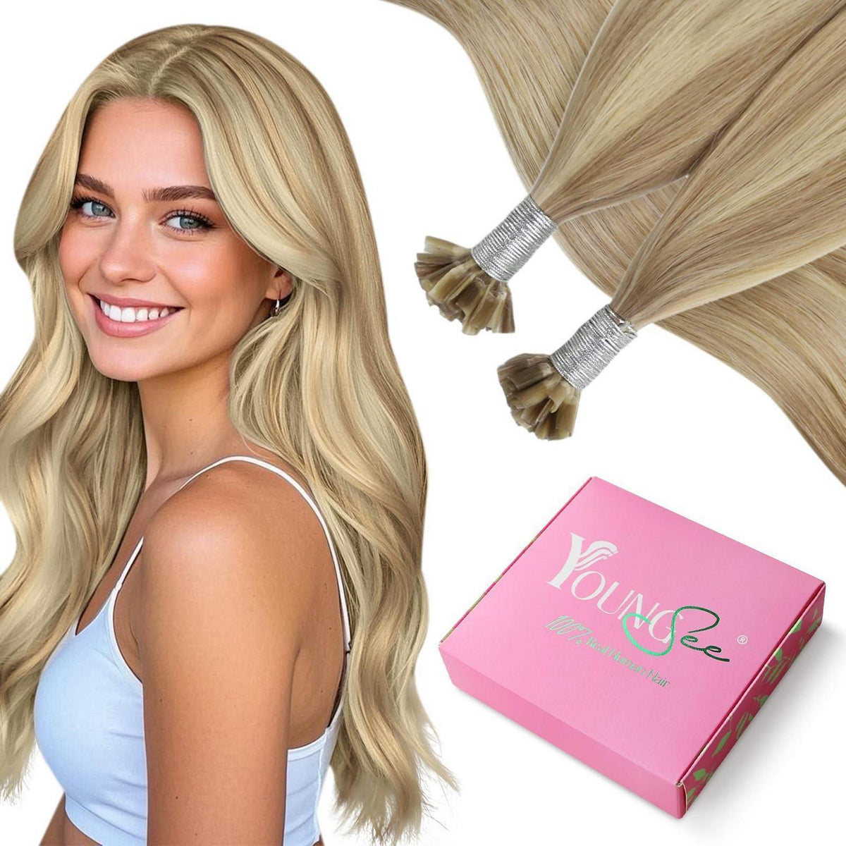 Echthaar Bonding Extensions Blond Highlights 60cm