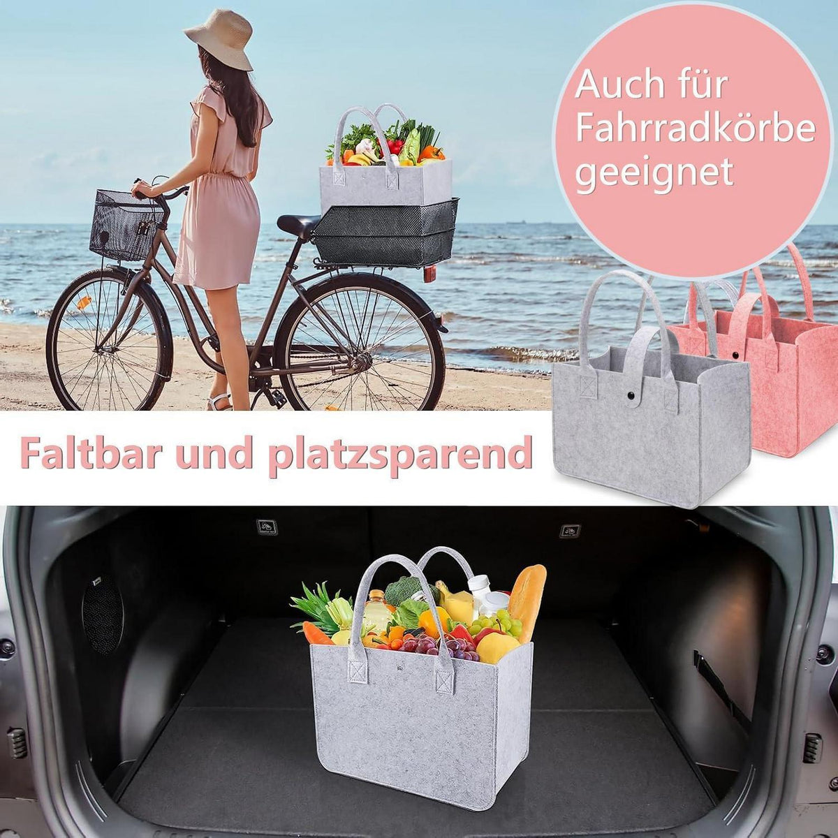 Filztasche Shopper – Faltbar, Rosa Grau, Große Kapazität