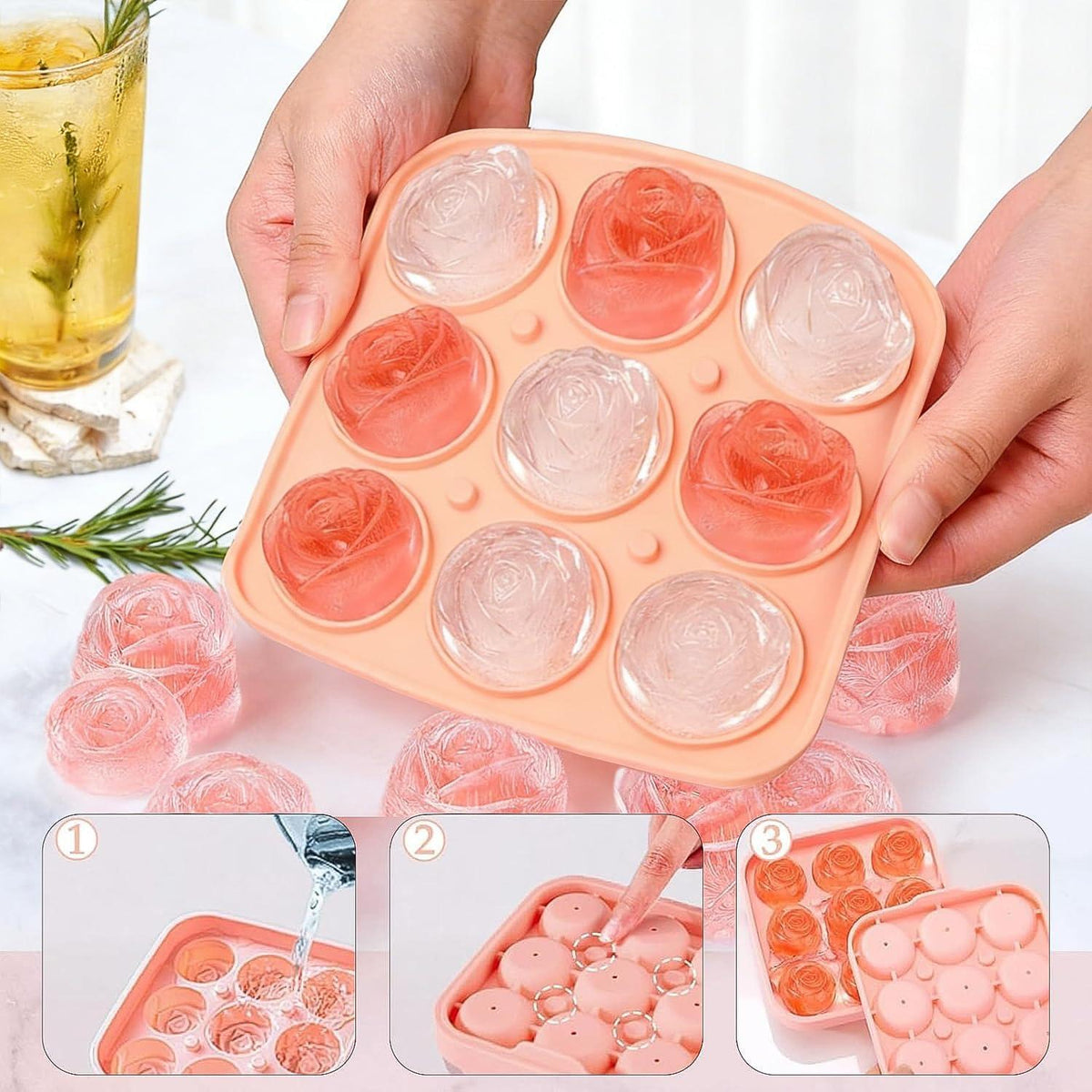 Silikon Eiswürfelform Rosen-Design mit Deckel – BPA-frei Rosa