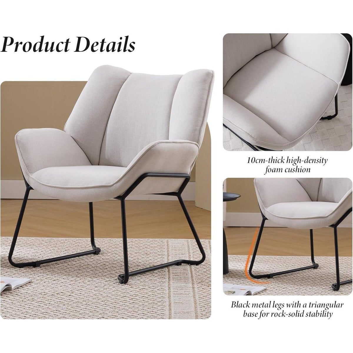Moderner Ohrensessel mit Leinenbezug – Beige Wohnzimmer Sessel