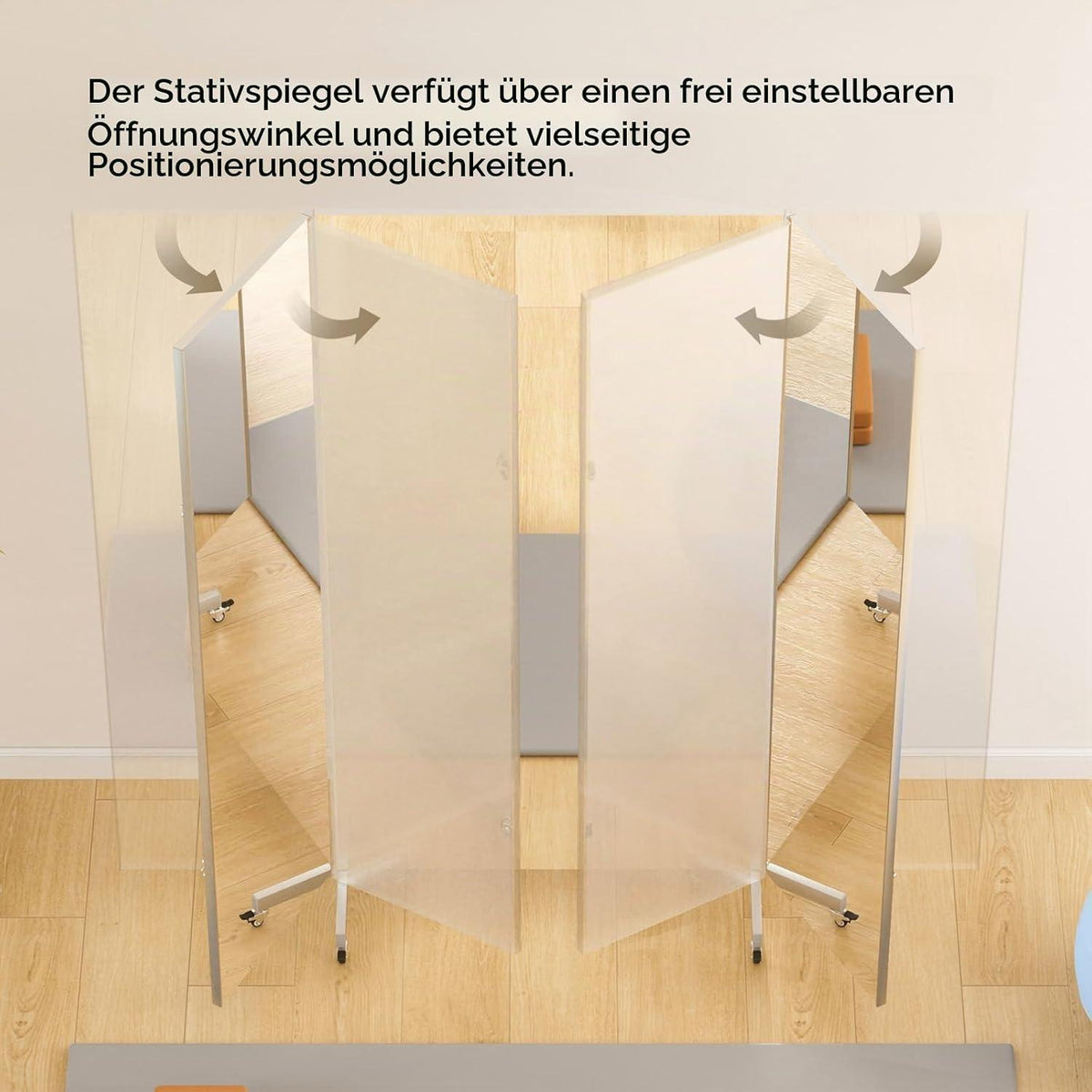 3-Fach Faltbarer Ganzkörperspiegel 180x190cm Schwarz mit Rollen