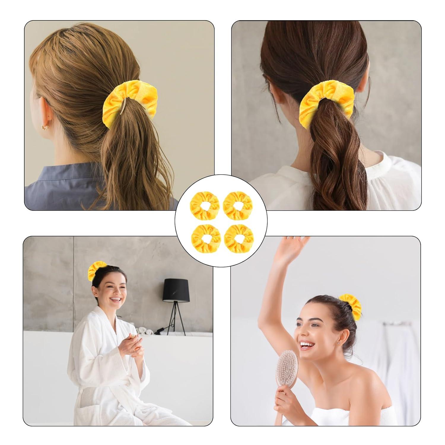 4er Damen Scrunchies Haargummi Samt Gelb Elastisch Lockige Feine Dicke