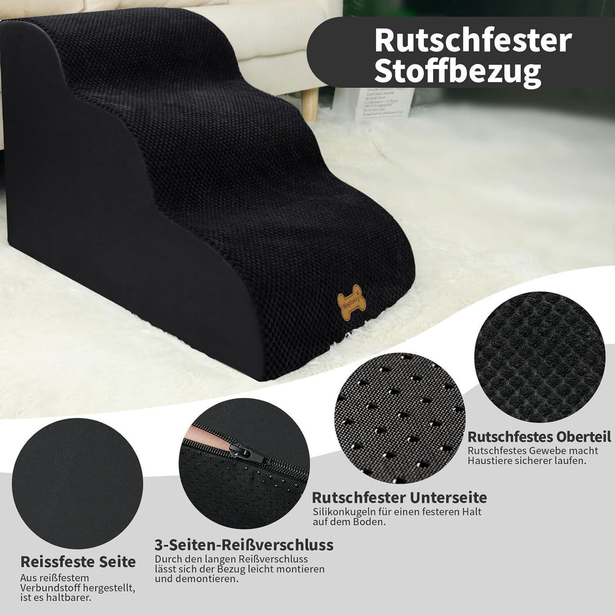 Hundetretppe 3-stufig für kleine Hunde, waschbar, schwarz