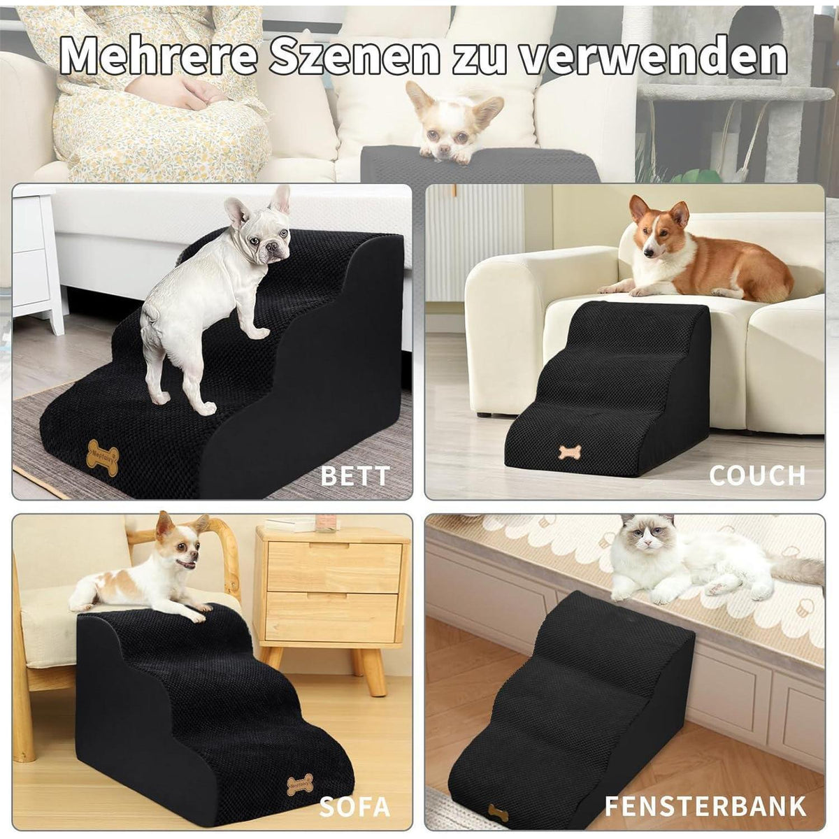 Hundetretppe 3-stufig für kleine Hunde, waschbar, schwarz