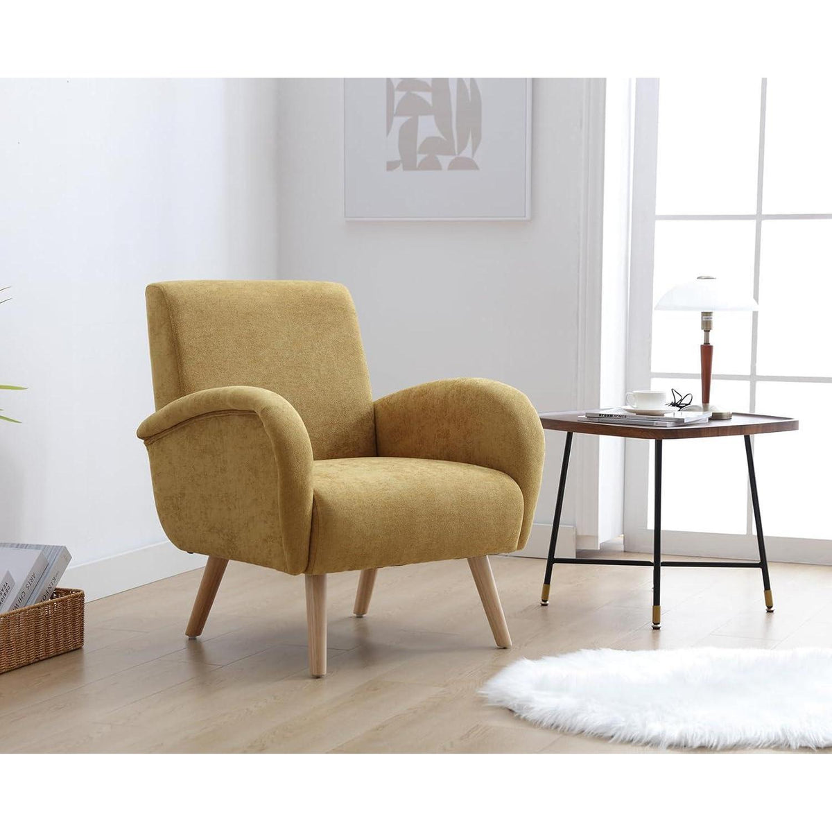 Chenille Loungesessel mit Holzbeinen – Bequemer Sessel für Wohnzimmer