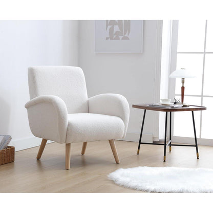 Weißer Kunstfell Sessel mit Holzbeinen – Wohnzimmer Lounge Sessel