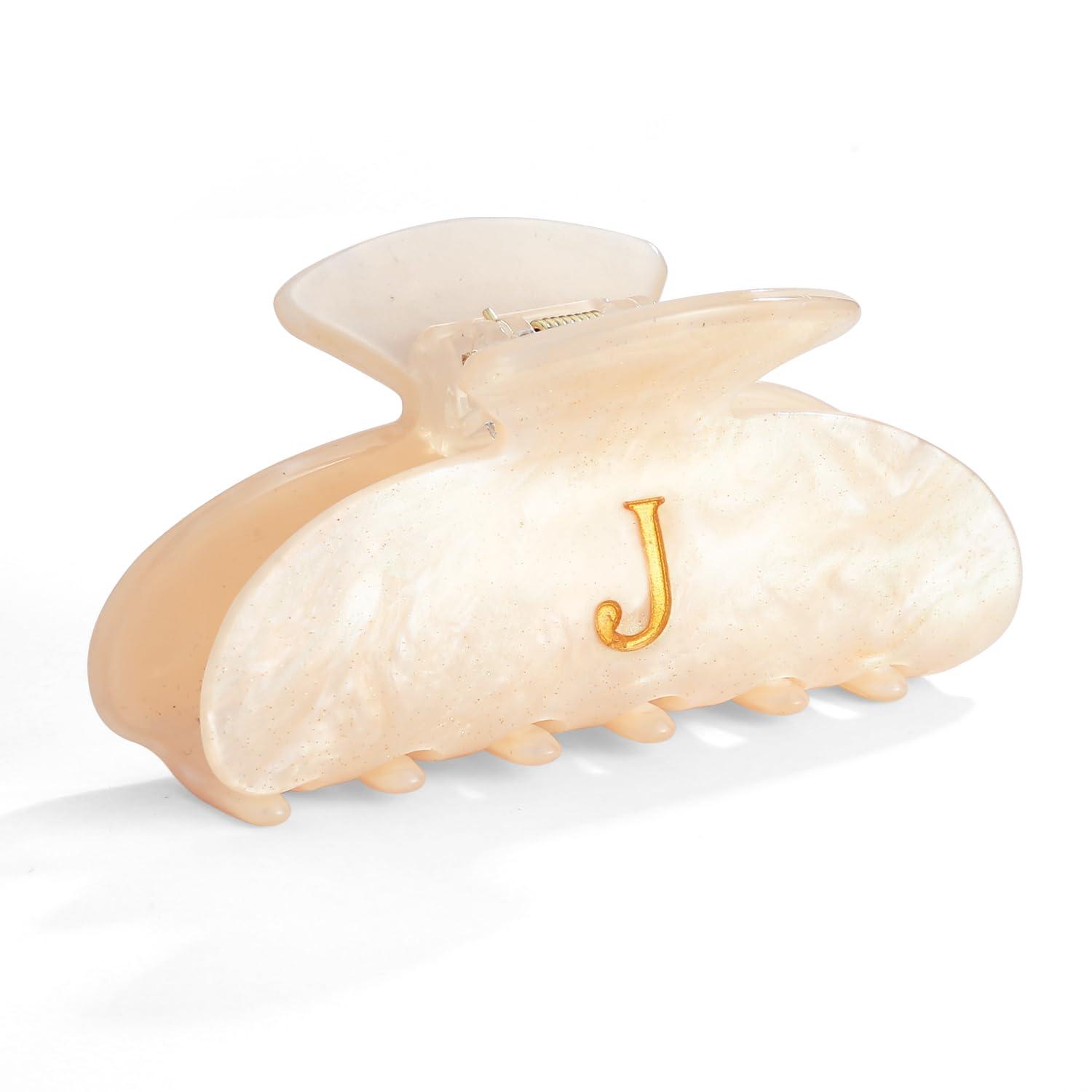 Elegante Acryl-Haarklammer mit Buchstabe J, Beige-Gold
