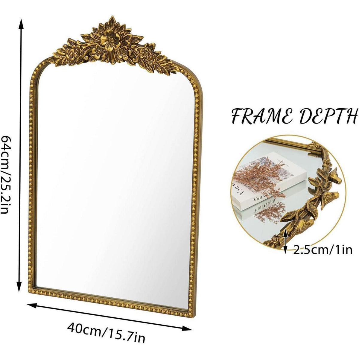 Goldener Barock Spiegel 40x64cm - Vintage Bogen-Wandspiegel mit Eisenrahmen