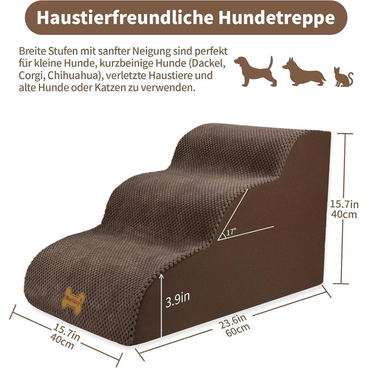 Hundetreppe 3 Stufen für kleine Hunde, braun