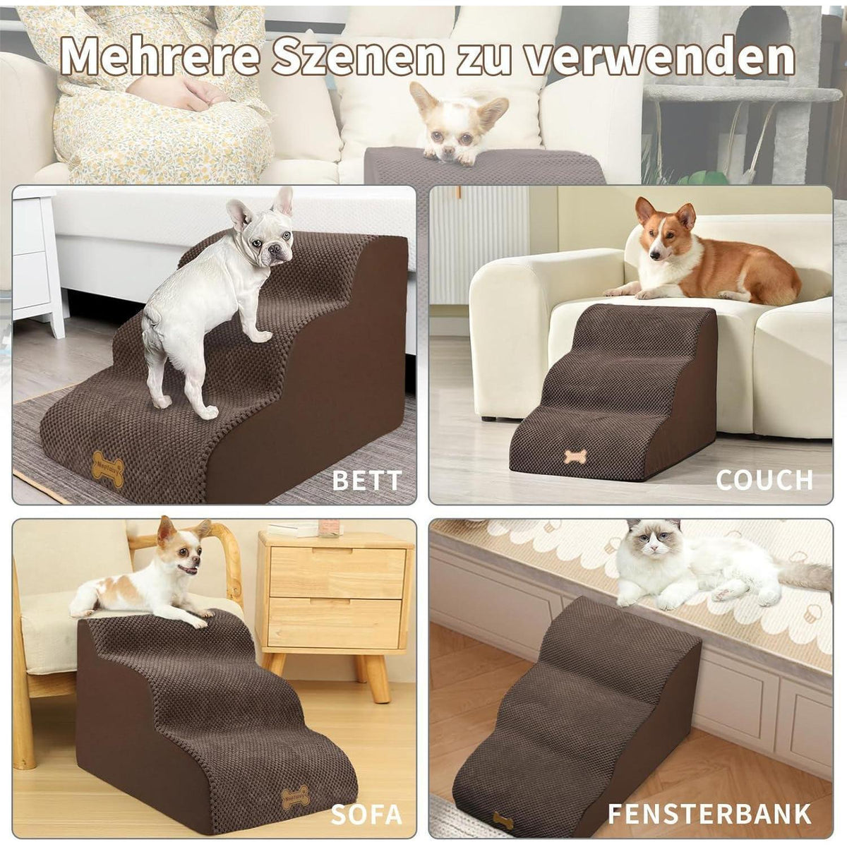 Hundetreppe 3 Stufen für kleine Hunde, braun