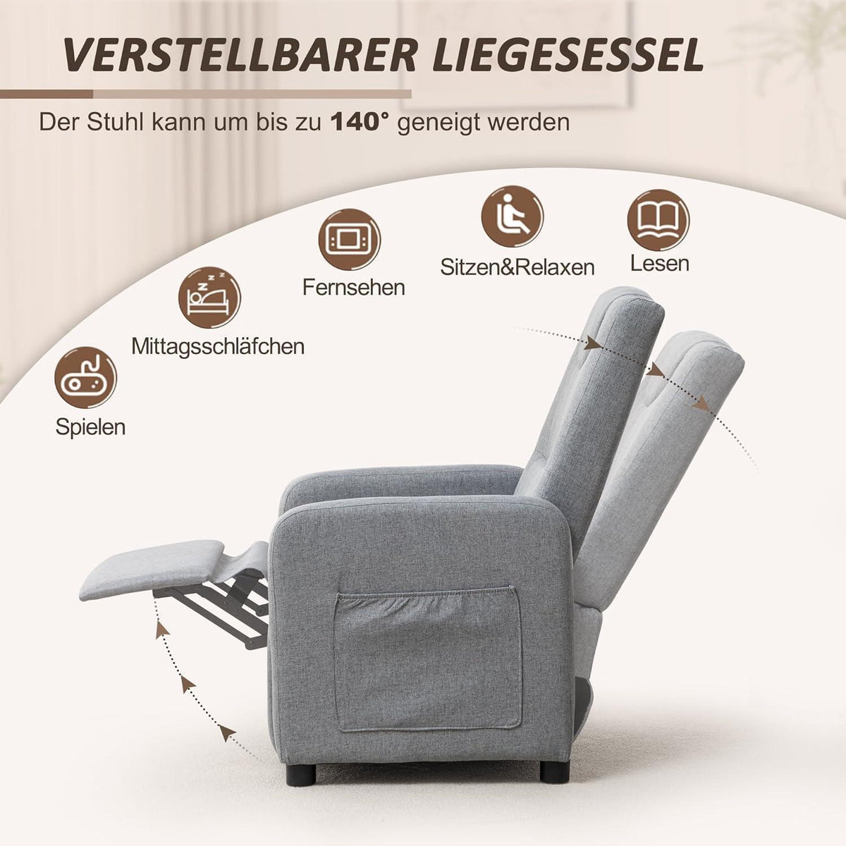 Relaxsessel mit Liegefunktion – Grau, Ergonomisch & Bequem