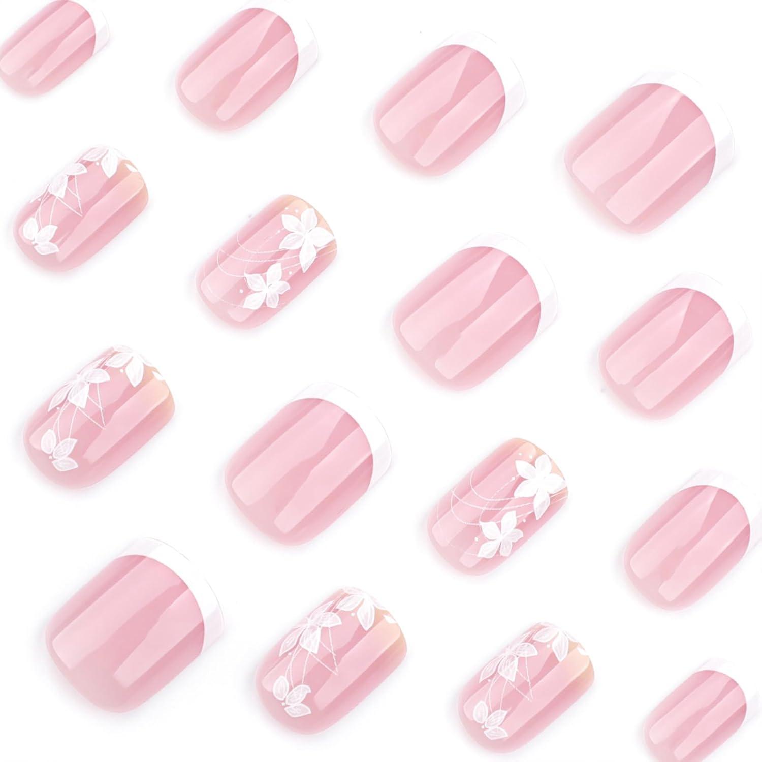 Press on Nails Set Weiße Square French Tip Blumen Design 24 Stück