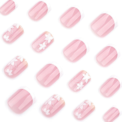 Press on Nails Set Weiße Square French Tip Blumen Design 24 Stück