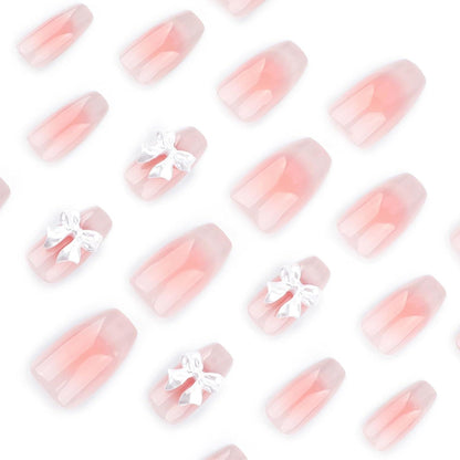 24er Set Medium Sargform Fake Nails mit Cute Bow Nail Charms