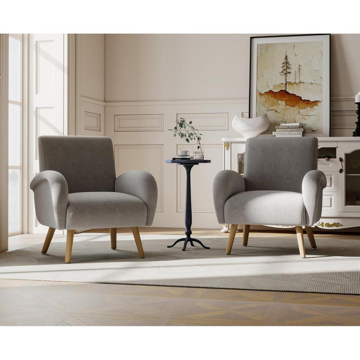 Chenille Loungesessel Grau – Bequemer Sessel mit Holzbeinen