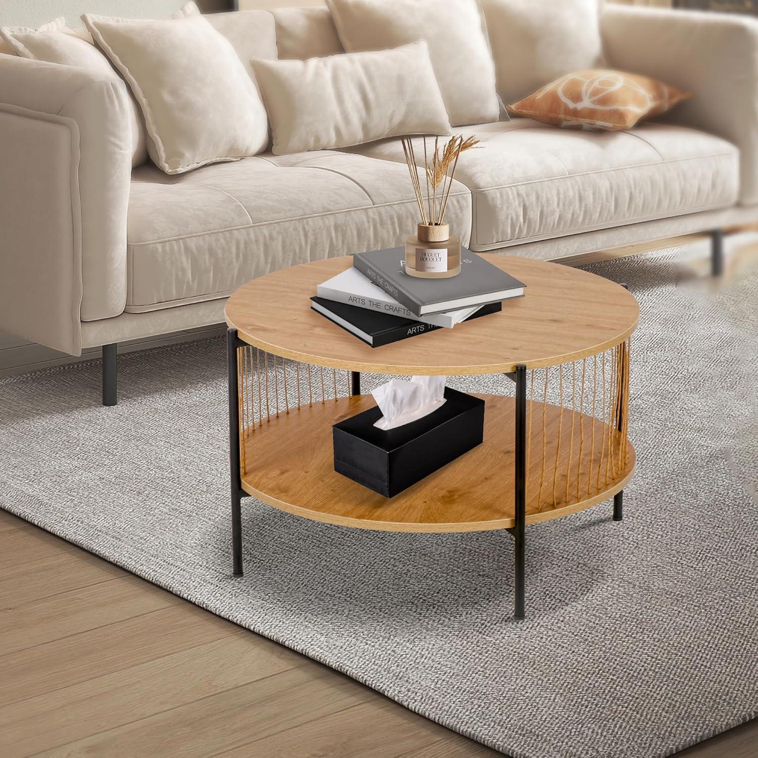 Runder Couchtisch Holz Satztisch Quasten Beistelltisch 2 Etagen