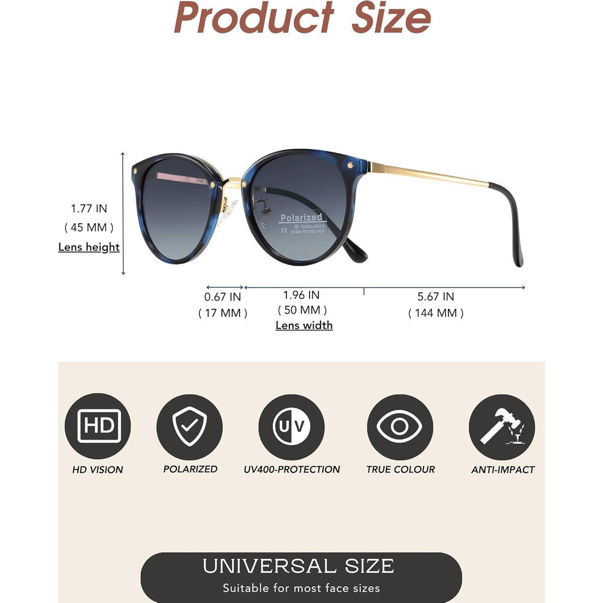 Polarisierte Sonnenbrille Damen Herren UV400 Retro-Chic Metallrahmen