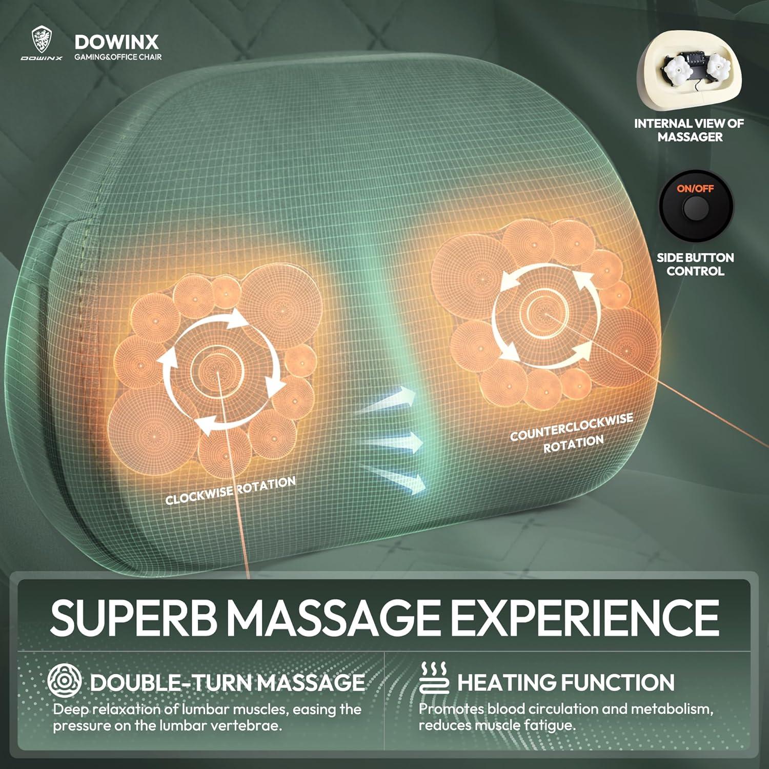 Dowinx Gaming Stuhl mit beheizter Massage Lendenwirbelstütze, Stoff, Taschenfederkissen, Fußstütze, Grün