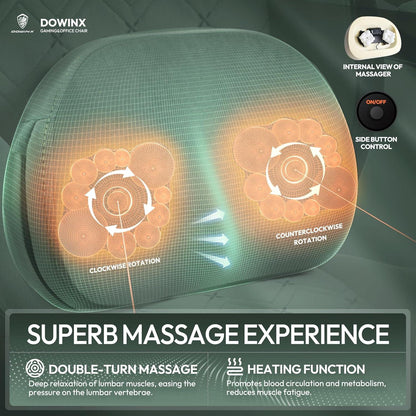 Dowinx Gaming Stuhl mit beheizter Massage Lendenwirbelstütze, Stoff, Taschenfederkissen, Fußstütze, Grün