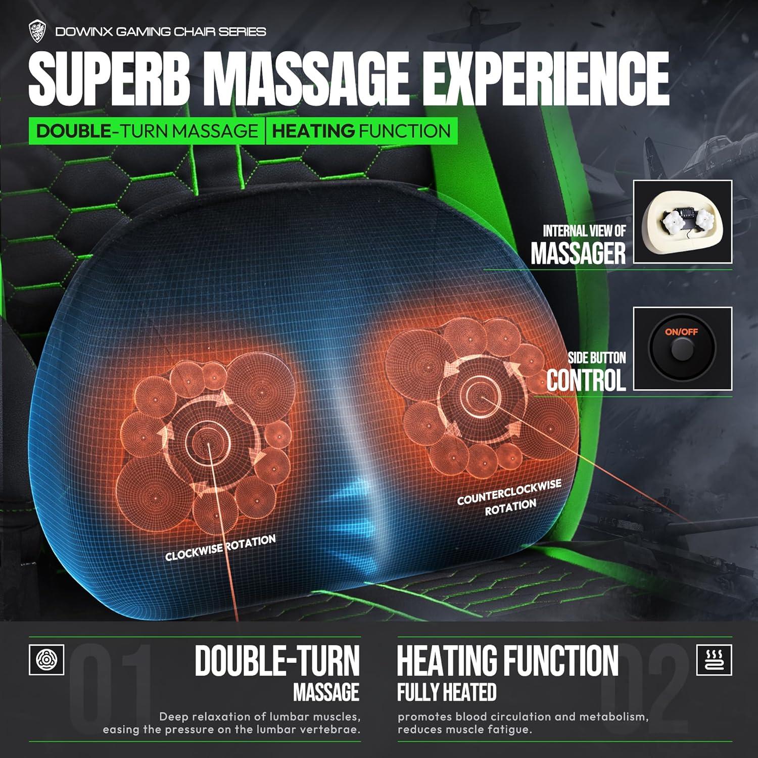 Gaming Stuhl mit beheizter Massage und Fußstütze, High Back PC Stuhl, Lendenwirbelstütze, Grün