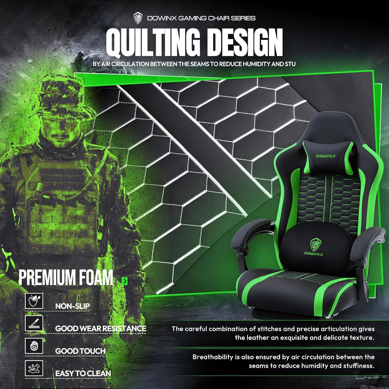 Gaming Stuhl mit beheizter Massage und Fußstütze, High Back PC Stuhl, Lendenwirbelstütze, Grün