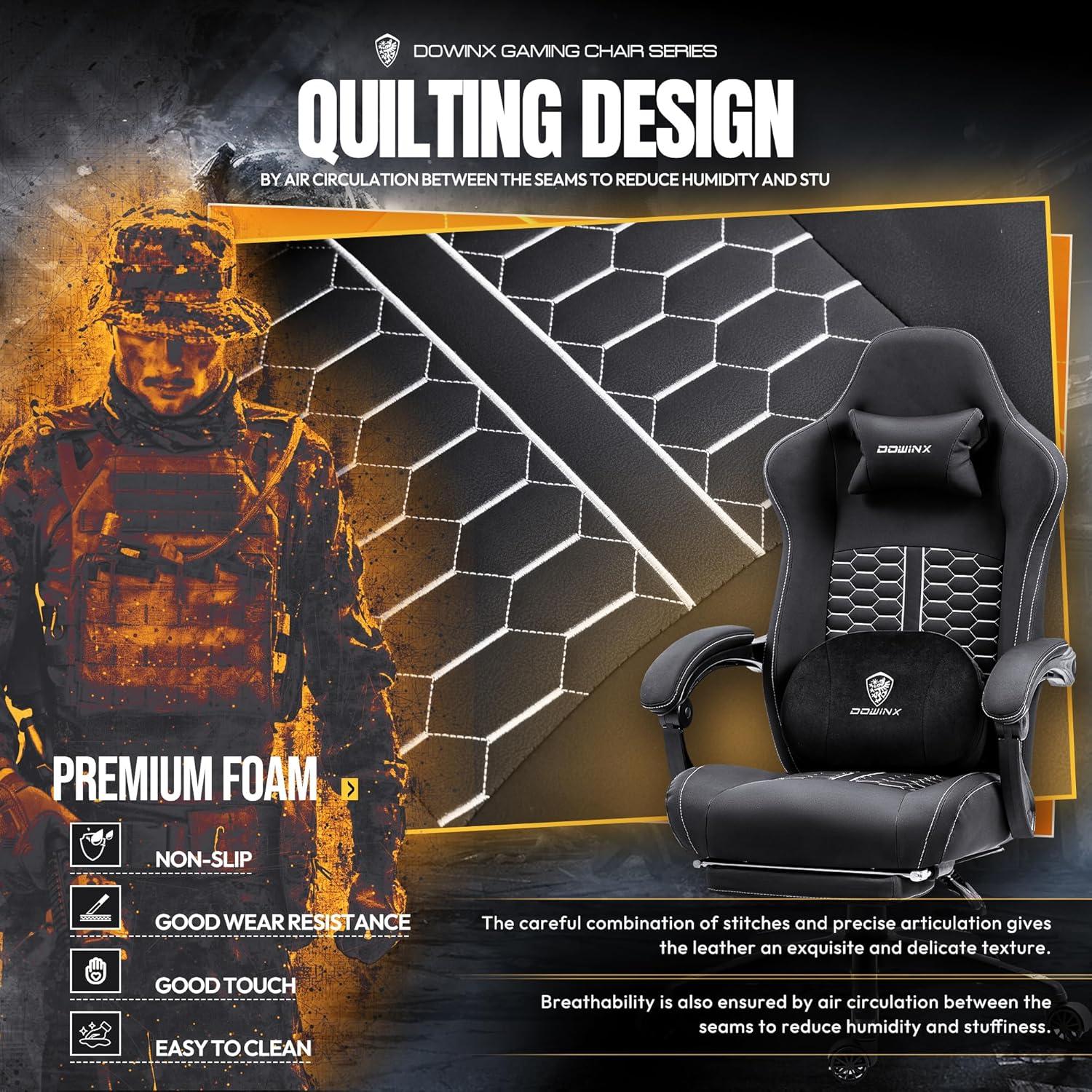 Gaming Stuhl mit beheizter Massage Lendenwirbelstütze und Fußstütze, Black