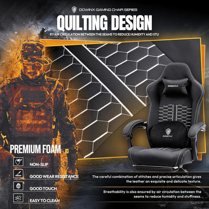Gaming Stuhl mit beheizter Massage Lendenwirbelstütze und Fußstütze, Black