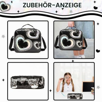 Kinder Rucksack mit Rollen & Trolley Set Schwarz Herz