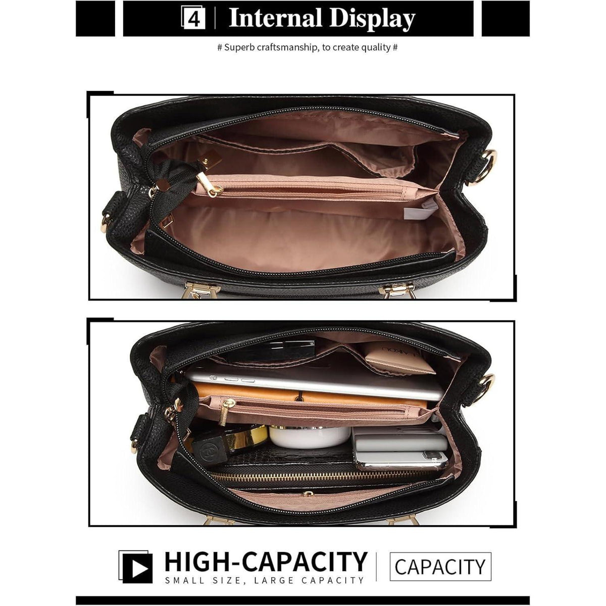 Damen Handtasche mit Geldbörse, Mittelgroß, Schwarz