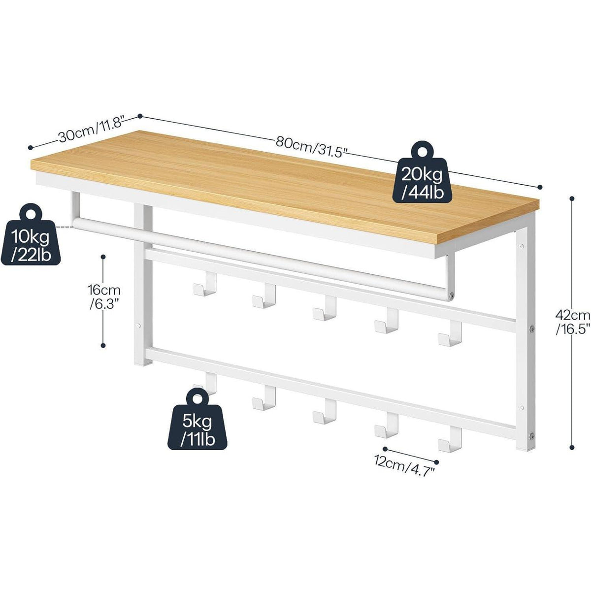Wandgarderobe mit Regal und 10 Haken, Weiß/Holz, 80x30cm