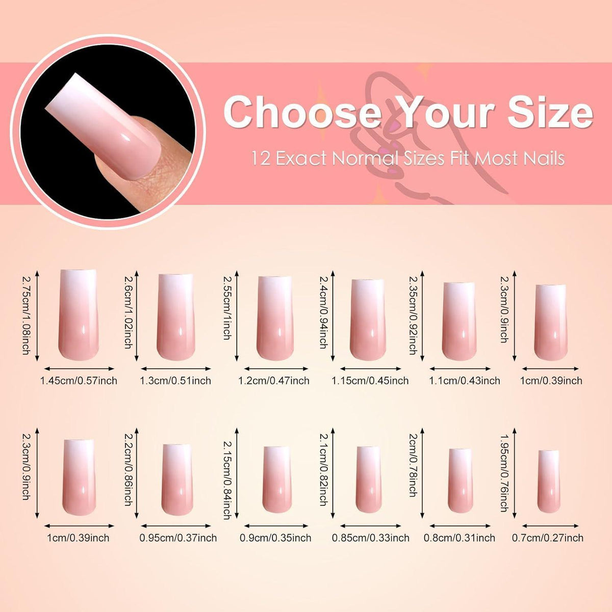 Französische Falsche Nägel Set - Rosa Weiß Gradient Kurz Square
