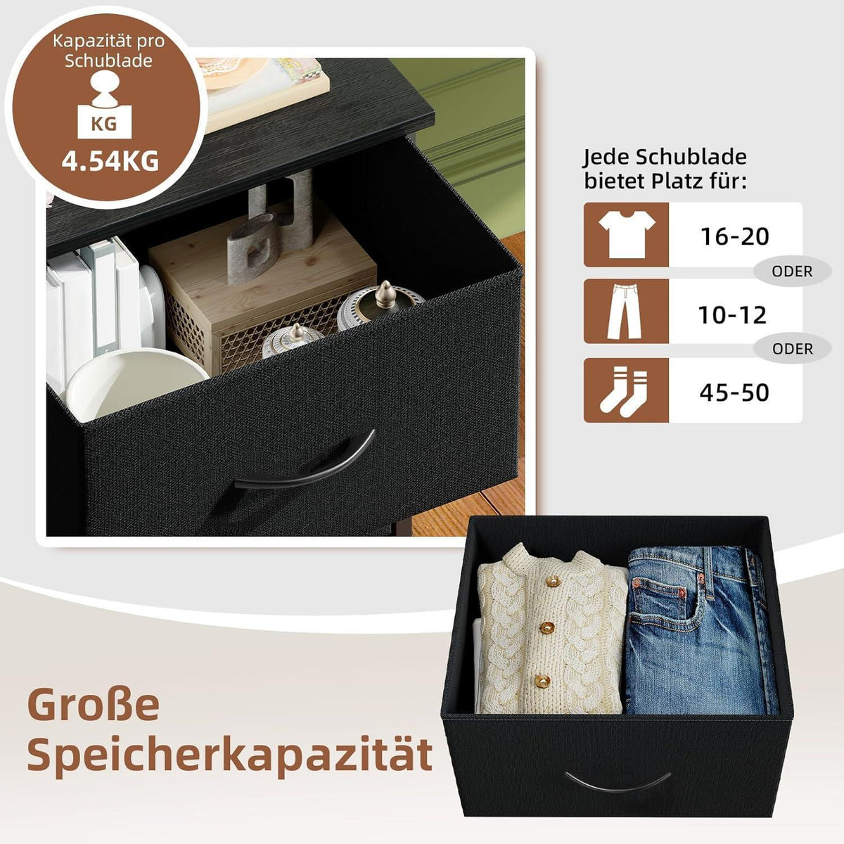 Kommode mit 6 Stoffschubladen – Schwarz, 30x42x115 cm