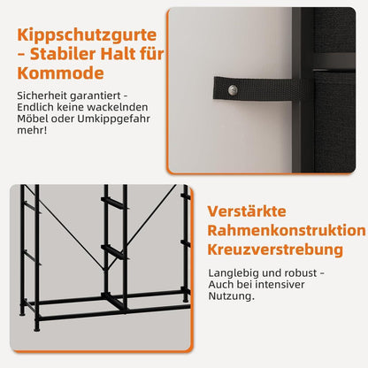 Kommode mit 6 Stoffschubladen – Schwarz, 30x80x71,5 cm
