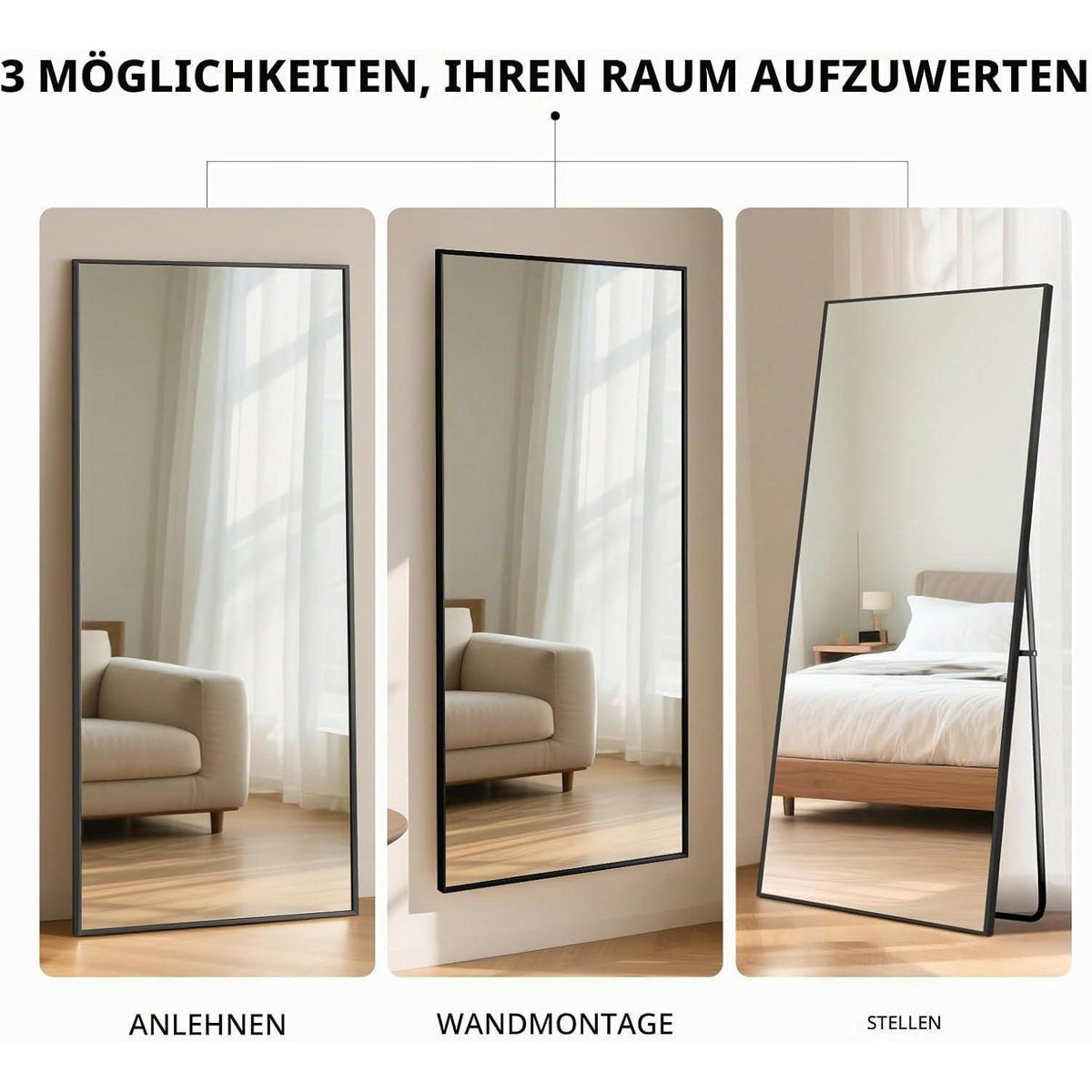 Großer Ganzkörperspiegel 180x76cm Schwarz – Stand- & Wandspiegel
