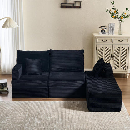 Verwandlungssofa mit Fußhocker – Ecksofa, Doppelsofa, Schwarz